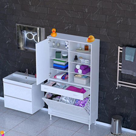 Modilayn AFRA 55x173x32,5cm 1 Çekmece, 1 Göz Sepet, 1 Kapak, 8 Raf  Dar Alan Banyo Dolabı