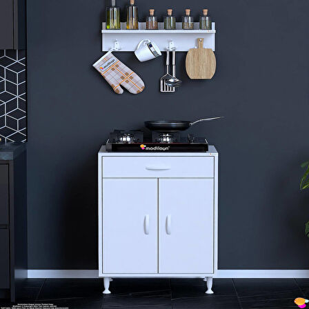 Modilayn QPLAS (M) Set Ocak Altı Dolap 60x88x48 cm. Çekmeceli, kapaklı, raflı ve baharat raflı.