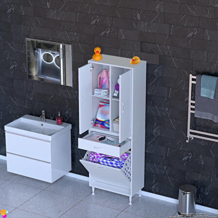 Modilayn YENİ AFRA 55x173x32,5cm 1 Çekmece, 1 Göz Sepet, 2 Kapak, 4 Raf Dar Alan Banyo Dolabı