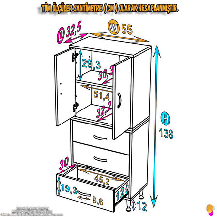 Modilayn İLKİM 55 x 138 x 32,5 cm' lik Kapak İçi Çift Raflı ve 3 Çekmeceli Düzen Harikası Dolap