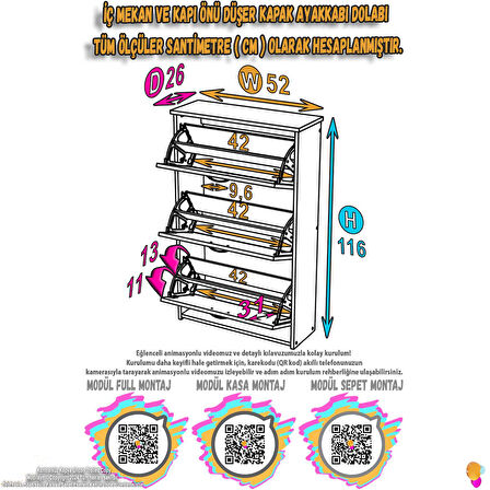 Modilayn WEST Asma Antre 52x116x26 cm’ lik 3 Düşer Kapak 6 Göz Bölmeli Ayakkabılık