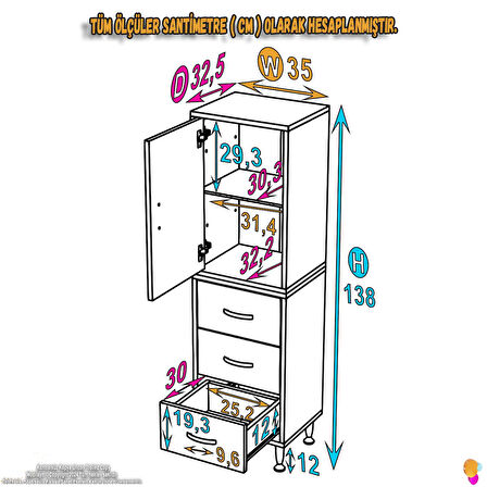 Modilayn İLKİM 35 x 138 x 32,5 cm' lik Kapak İçi Çift Raflı ve 3 Çekmeceli Düzen Harikası Dolap