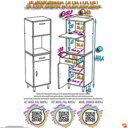 Modilayn VİO Çok Amaçlı Dolap: (40x163.4x32,5 cm) ölçülerinde, çekmeceli ve kapaklı mutfak dolabı.