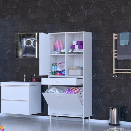 Modilayn AFRA 75x173x32,5cm 1 Çekmece, 2 Göz Sepet, 1 Kapak, 4 Raf Dar Alan Banyo Dolabı