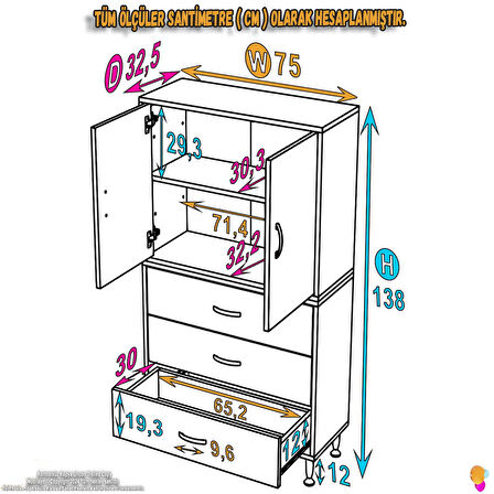 Modilayn İLKİM 75 x 138 x 32,5 cm' lik Kapak İçi Çift Raflı ve 3 Çekmeceli Düzen Harikası Dolap