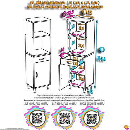 Modilayn VİO Fırın Dolabı (35x163,4x32.5 cm) Çekmeceli Kapaklı Mini/Midi Mikrodalga Mutfak Dolabı