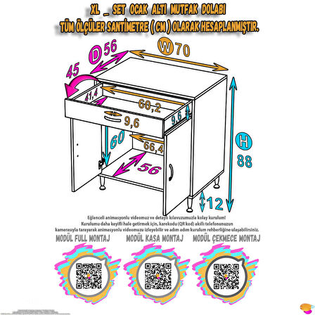 Modilayn DOQU XL Set Ocak Altı Dolap 70x88x56 cm Ölçülerinde 2 Kapaklı ve 1 Gözlü Tüp Bölmelidir