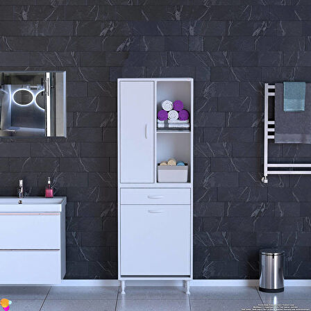 Modilayn AFRA 55x173x32,5cm 1 Çekmece, 1 Göz Sepet, 1 Kapak, 4 Raf Dar Alan Banyo Dolabı
