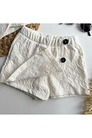 La'ciel Paris Crop Ve Şort Etek Desenli Beyaz Kız Çocuk Takım