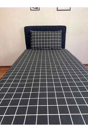 Fitted Lastikli Çarşaf Takımı (YASTIKLI) Tek Kişilik Çift Kişilik Ekose Antrasit