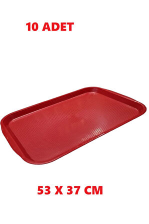 Periboia 10 Adet Büyük Kırmızı Plastik Servis Tepsisi  Kırılmaz Lokanta Büfe Fast Food Kullanım ( 53 x37 Cm)