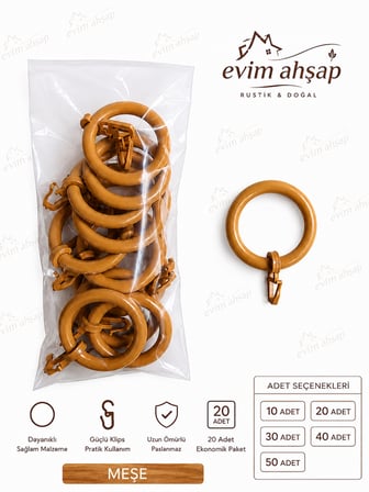 Evim Ahşap Rustik Perde Halkası ve Klips Seti – Korniş Uyumlu Perde Halkaları – Dayanıklı ve Paslanmaz – 10/20/30/40/50 Adet – Renk Seçenekleri Ceviz-Meşe-Siyah-Beyaz-Krem-Gümüş-Antrasit