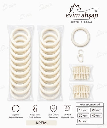 Evim Ahşap Rustik Perde Halkası ve Klips Seti – Korniş Uyumlu Perde Halkaları – Dayanıklı ve Paslanmaz – 10/20/30/40/50 Adet – Renk Seçenekleri Ceviz-Meşe-Siyah-Beyaz-Krem-Gümüş-Antrasit