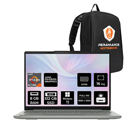 Lenovo IdeaPad Slim 5 Ryzen AI 7 350 8GB DDR5 512GB SSD 16" WUXGA W11P Dizüstü Bilgisayar & Çanta