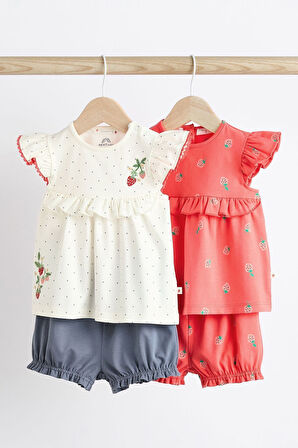 Next Baby % 100 Pamuklu Beyaz Kırmızı Çilek Desenli Kısa Kollu Şortlu 2’li Alt Üst Takım