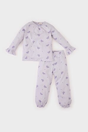 Kız Bebek Pijama Takımı Penye Kelebek Desenli Uzun Kollu Üst Beli Lastikli Uzun Alt