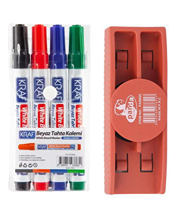 Kraf Doldurulabilir Beyaz Tahta Kalemi 4lü ve Panda Mıknatıslı Yazı Tahtası Silgisi Set