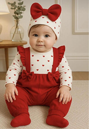 Kız Bebek Sevimli Kalpli Kırmızı Fırfırlı Askılı Yenidoğan Fiyonklu Bereli Tulum