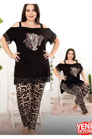 Lady Siyah Renk Leopar Desenli 10954 Kadın Kısa Kol Büyük Beden Anne Pijama Takımı