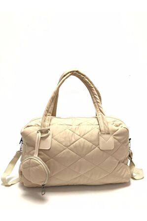 Kadın Bej Shelbey Kapitone Cüzdan Detaylı Büyük Puf Omuz Çantası El Ve Çapraz Çanta