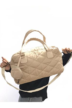 Kadın Bej Shelbey Kapitone Cüzdan Detaylı Büyük Puf Omuz Çantası El Ve Çapraz Çanta