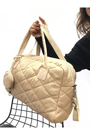 Kadın Bej Shelbey Kapitone Cüzdan Detaylı Büyük Puf Omuz Çantası El Ve Çapraz Çanta