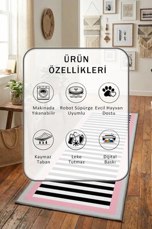 Filsiz Pembe Açık Gri Yıkanabilir Yolluk Halı Kaymaz Taban Salon Mutfak