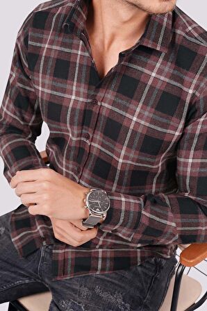 Bordo Beyaz Çizgili Slimfit Oduncu Gömlek