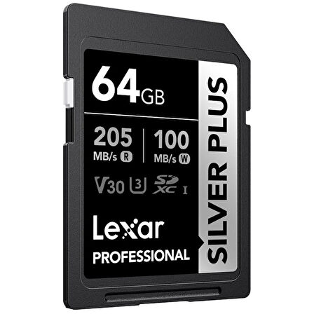 64GB LEXAR LSDSIPL064G-BNNNG PROFESSIONAL SILVER PLUS SDXC UHS-I CARDS UP TO 205MB/S READ 100MB/S WR