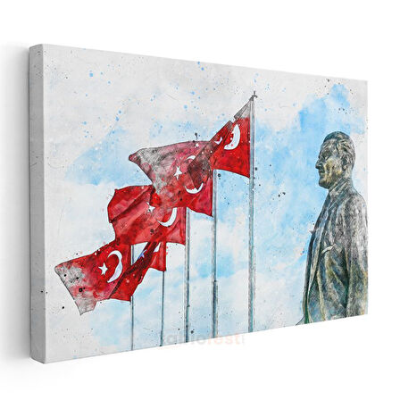Bayrak ve Atatürk - Suluboya Anıt Kanvas Tablo