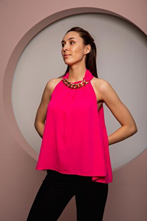Kadın Yakası Zincirli Bluz Pembe