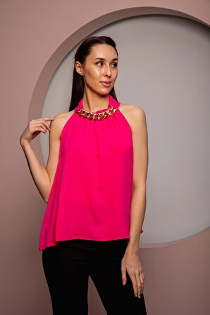 Kadın Yakası Zincirli Bluz Pembe