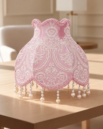 Pudra Pembe Kadife Kaplı El Yapımı Prenses Model Abajur Şapkası 30x27cm LAMBADER İÇİN UYUMLU DEĞİLDİR !