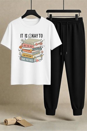 Unisex Its Okay To Tasarım Baskılı Tişört - 2'li Eşofman Takımı
