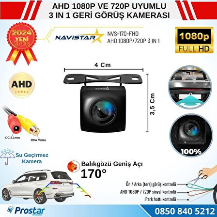 Balıkgözü AHD 1080P ve 720P Çevirilebilir 170 Derece Geniş Açılı Geri Görüş Kamerası