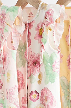 Next Baby % 100 Pamuklu Pembe Sarı Gül Desenli 3’lü Romper Set