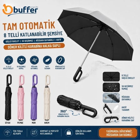 Kararlı Ticaret® 8 Telli Tam Otomatik Katlanabilir,Güçlü İskeletli,Su Geçirmez,Rüzgara Dayanıklı,Hafif, Döner Kilitli Karabina Halka Saplı Şemsiye