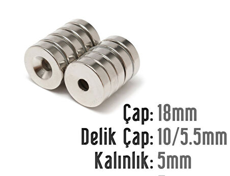 Neodyum Mıknatıs Yuvarlak Havşalı Çap 18mm (delik 10/5.5mm) Kalıklık 5mm 2 Adet