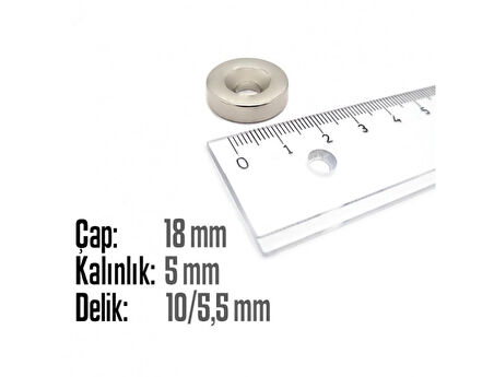 Neodyum Mıknatıs Yuvarlak Havşalı Çap 18mm (delik 10/5.5mm) Kalıklık 5mm 2 Adet