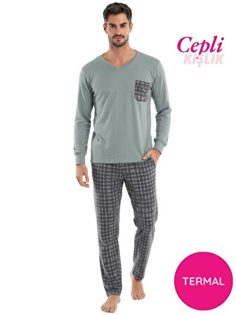 Erkek V Yaka Düğmesiz Göğüs Cepli Yumuşak Termal Bilek Manşetli Kışlık Uzun Kol Cepli Pijama Takımı 