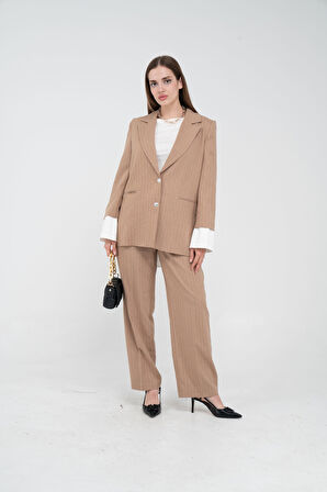 Asmetrik Kesim Gömlek Deteylı Blazer Ceket Pantolon Takım TKM08013