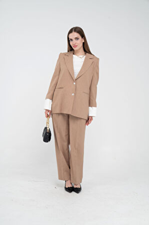 Asmetrik Kesim Gömlek Deteylı Blazer Ceket Pantolon Takım TKM08013