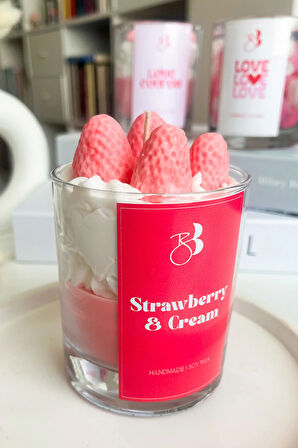 Çilek Kokulu %100 Doğal El Yapımı Pembe Çilekli Dekorasyon Soya Mumu