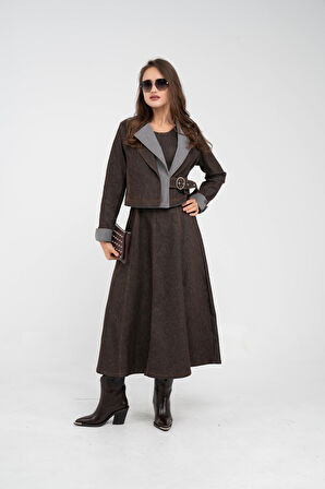 Kontrast Detaylı Kısa Ceket & Uzun Elbise İkili Kadın Takım 9003