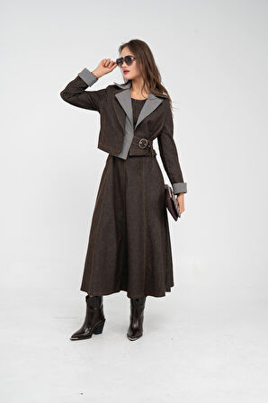 Kontrast Detaylı Kısa Ceket & Uzun Elbise İkili Kadın Takım 9003