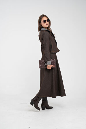 Kontrast Detaylı Kısa Ceket & Uzun Elbise İkili Kadın Takım 9003