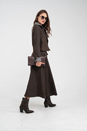 Kontrast Detaylı Kısa Ceket & Uzun Elbise İkili Kadın Takım 9003