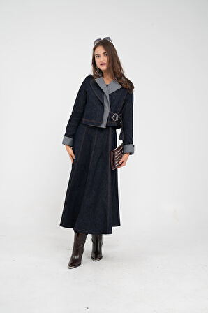 Kontrast Detaylı Kısa Ceket & Uzun Elbise İkili Kadın Takım 9003