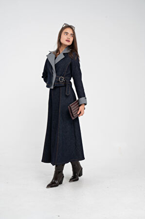 Kontrast Detaylı Kısa Ceket & Uzun Elbise İkili Kadın Takım 9003