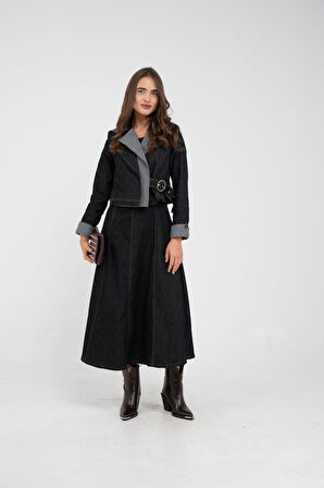 Kontrast Detaylı Kısa Ceket & Uzun Elbise İkili Kadın Takım 9003